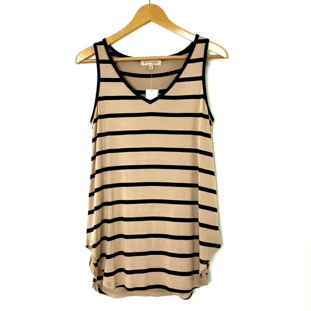 Philosophy Women's Small Fine Knit V Neck Tank Top Sanded Beige Black Stripe NEW